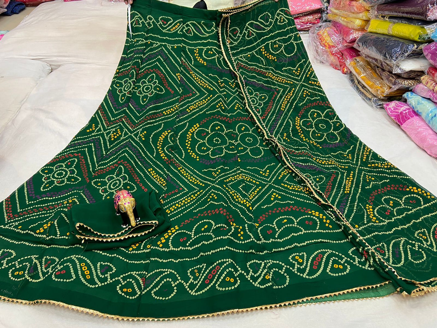 New Design Launch Pure Renail Georgette Bandhni Print Lehenga Kml Or Bottle Green Lehenga