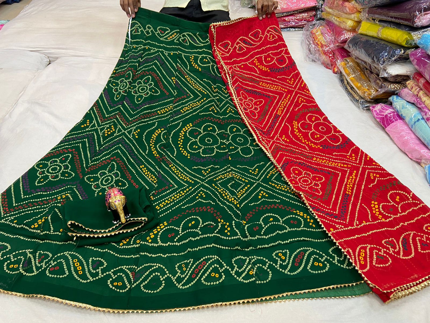 New Design Launch Pure Renail Georgette Bandhni Print Lehenga Kml Or Bottle Green Red Lehenga