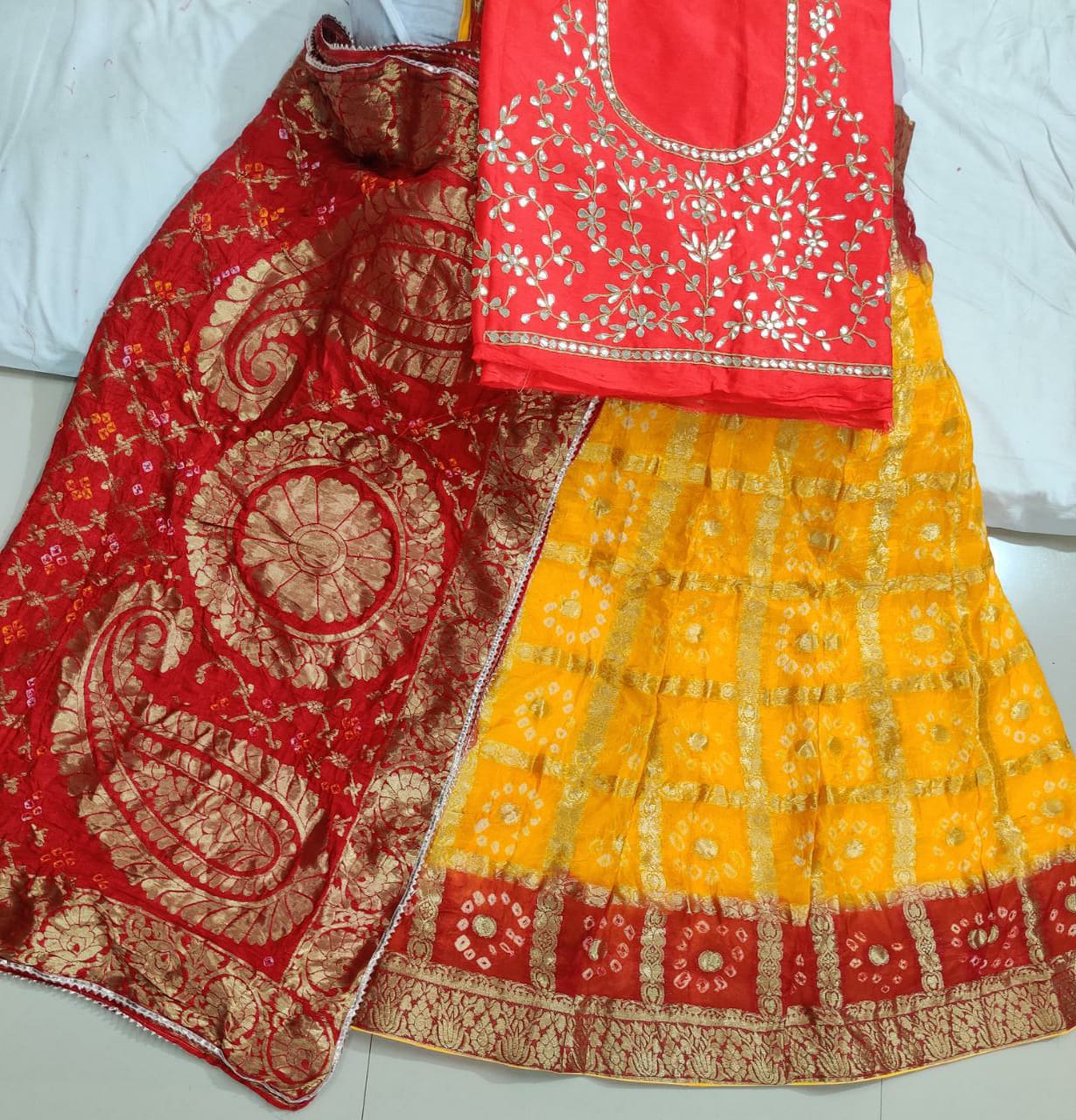 Pure Banarasi Ghadchola Silk Bandhej With Zari Weaving Lehnga Kml Nr Yellow Red Lehenga
