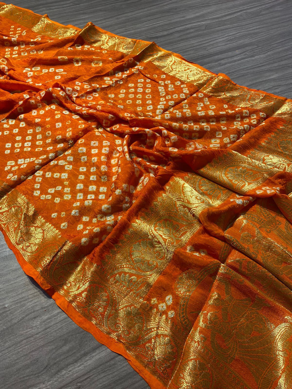 Beautiful Boutique Pure Bandhej Silk With Zari Weaving Saree Vjt Nr Orange Saree