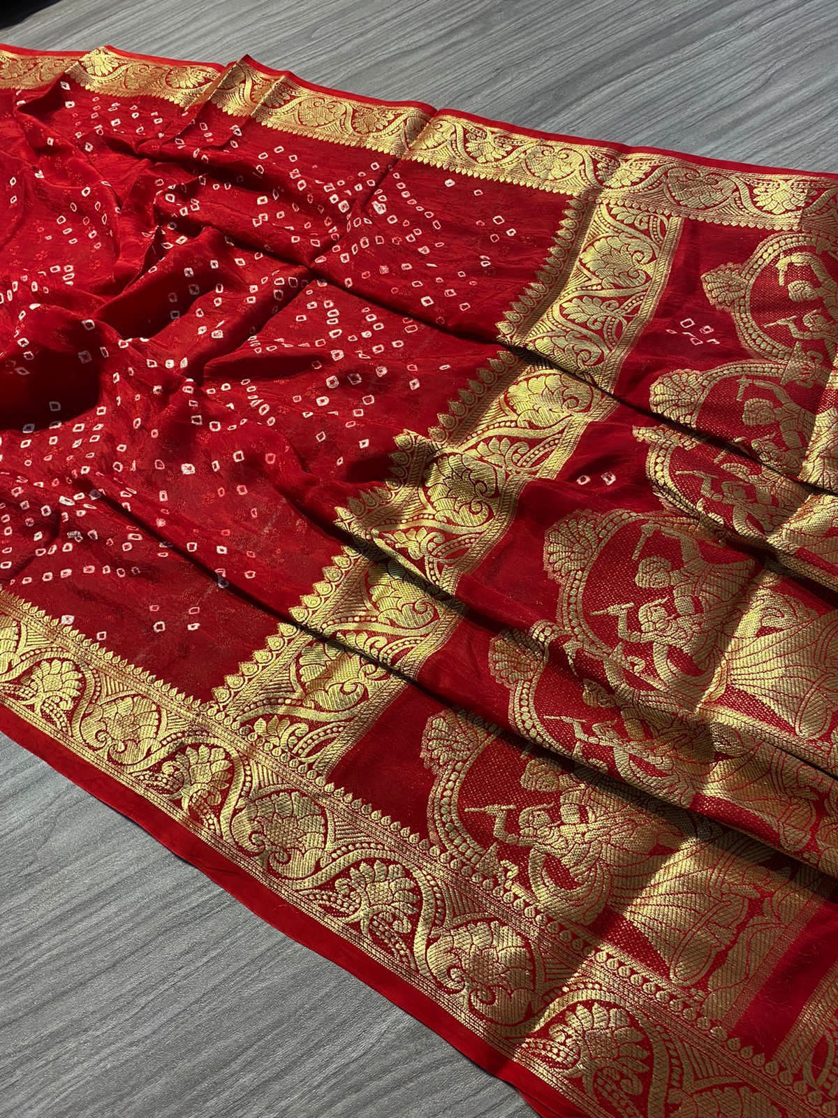 Beautiful Boutique Pure Bandhej Silk With Zari Weaving Saree Vjt Nr Red Saree