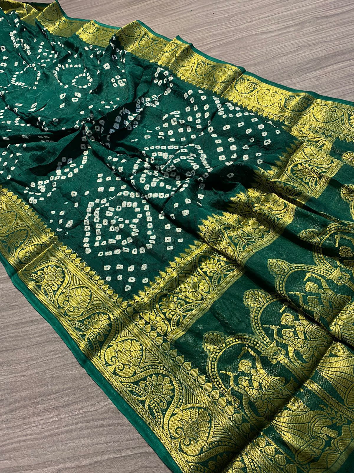 Beautiful Boutique Pure Bandhej Silk With Zari Weaving Saree Vjt Nr Green Saree