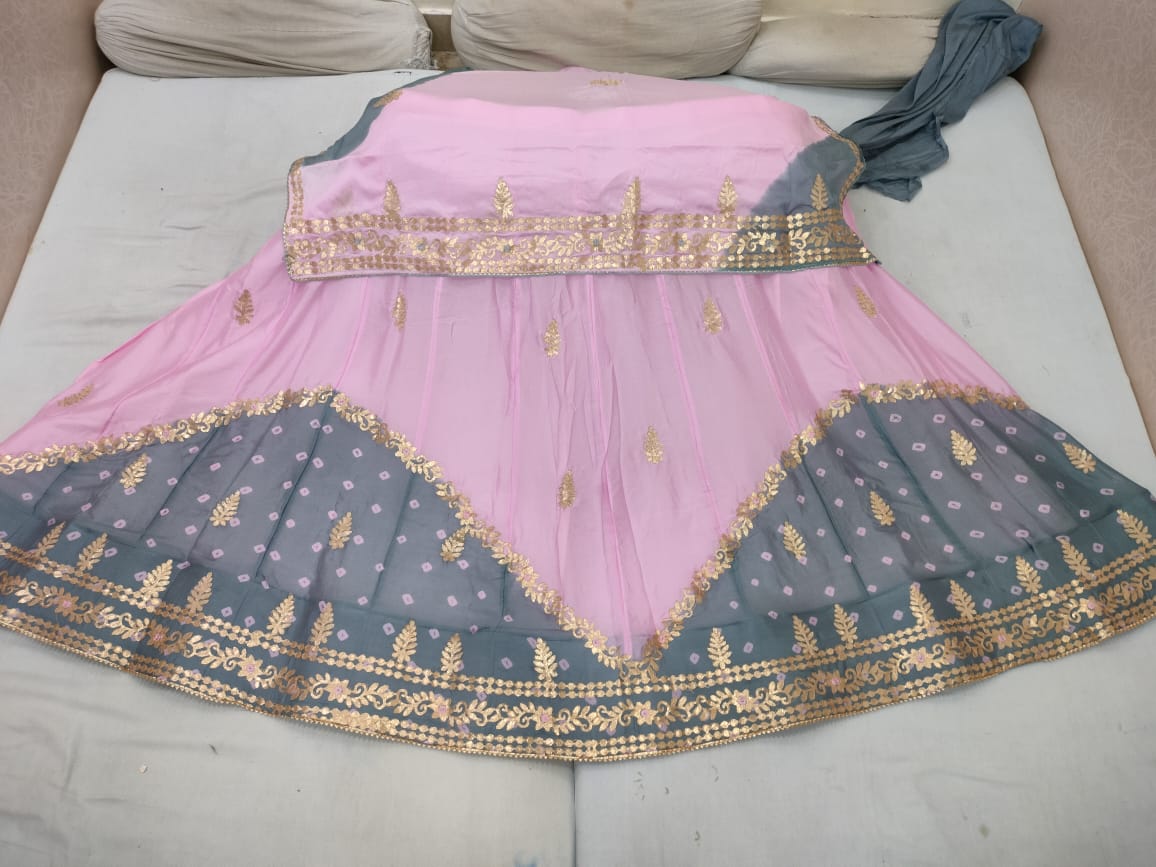 New Launching Pure Chinon Gulti Bandhej Lehnga With Gotapatti Work Lehenga Rj Nr Gray Baby Pink