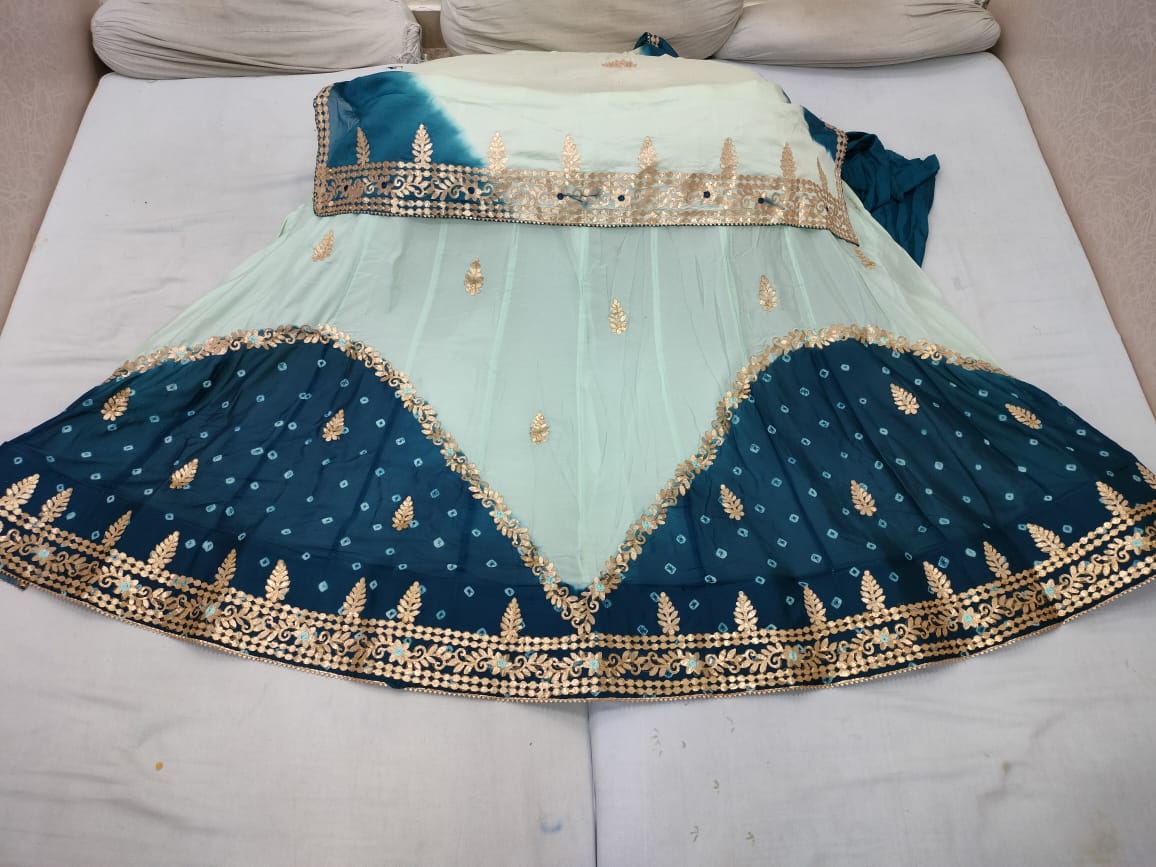 New Launching Pure Chinon Gulti Bandhej Lehnga With Gotapatti Work Lehenga Rj Nr Morkanti Sky Blue