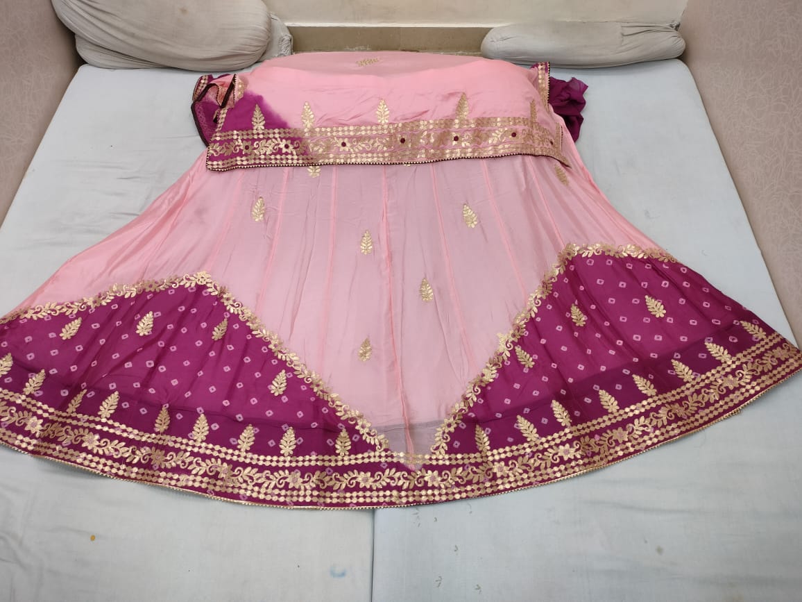 New Launching Pure Chinon Gulti Bandhej Lehnga With Gotapatti Work Lehenga Rj Nr Wine