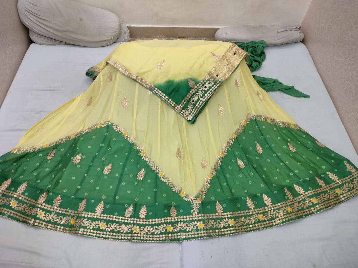 New Launching Pure Chinon Gulti Bandhej Lehnga With Gotapatti Work Lehenga Rj Nr Parrot Green Yellow