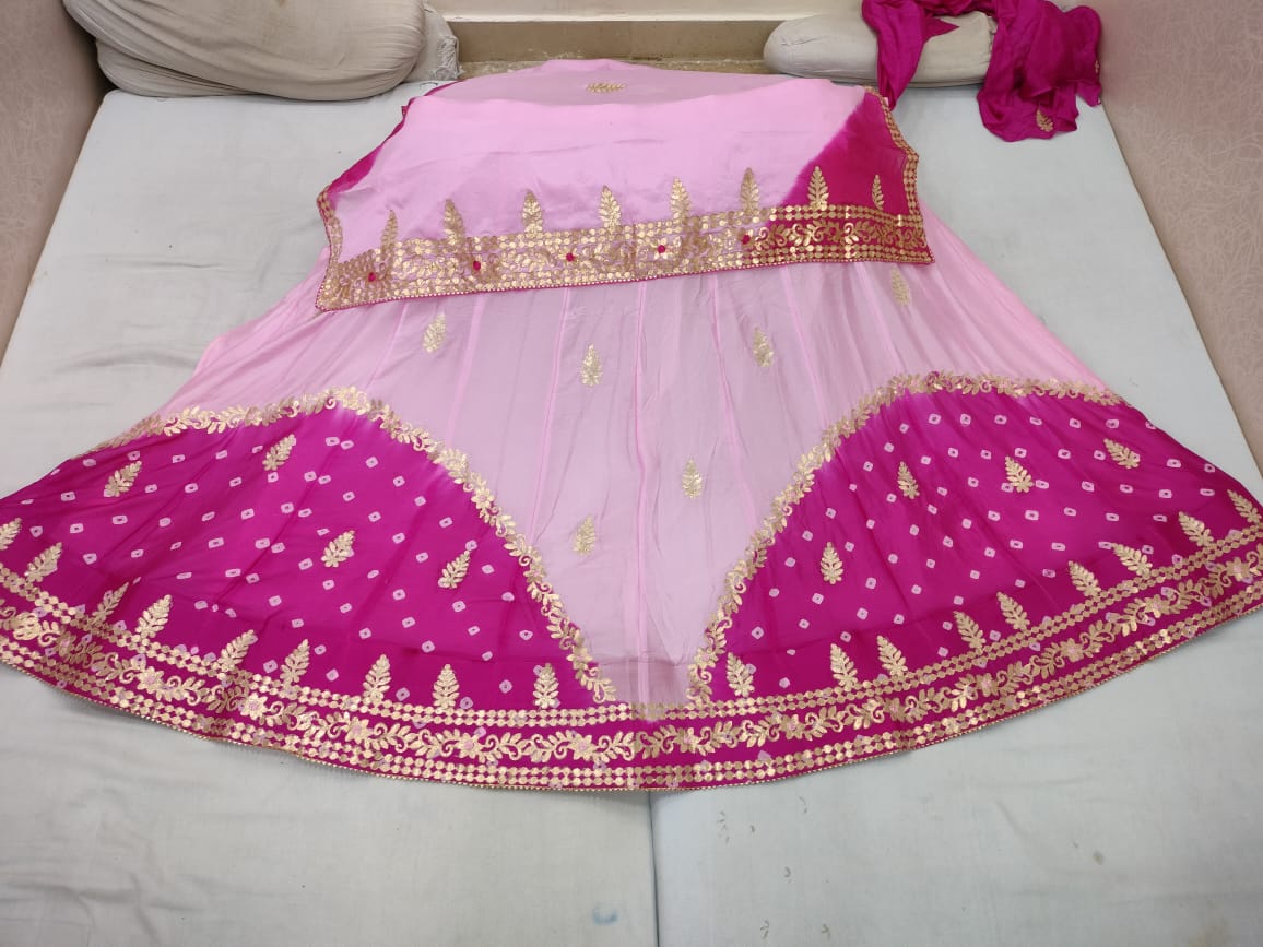 New Launching Pure Chinon Gulti Bandhej Lehnga With Gotapatti Work Lehenga Rj Nr Pink