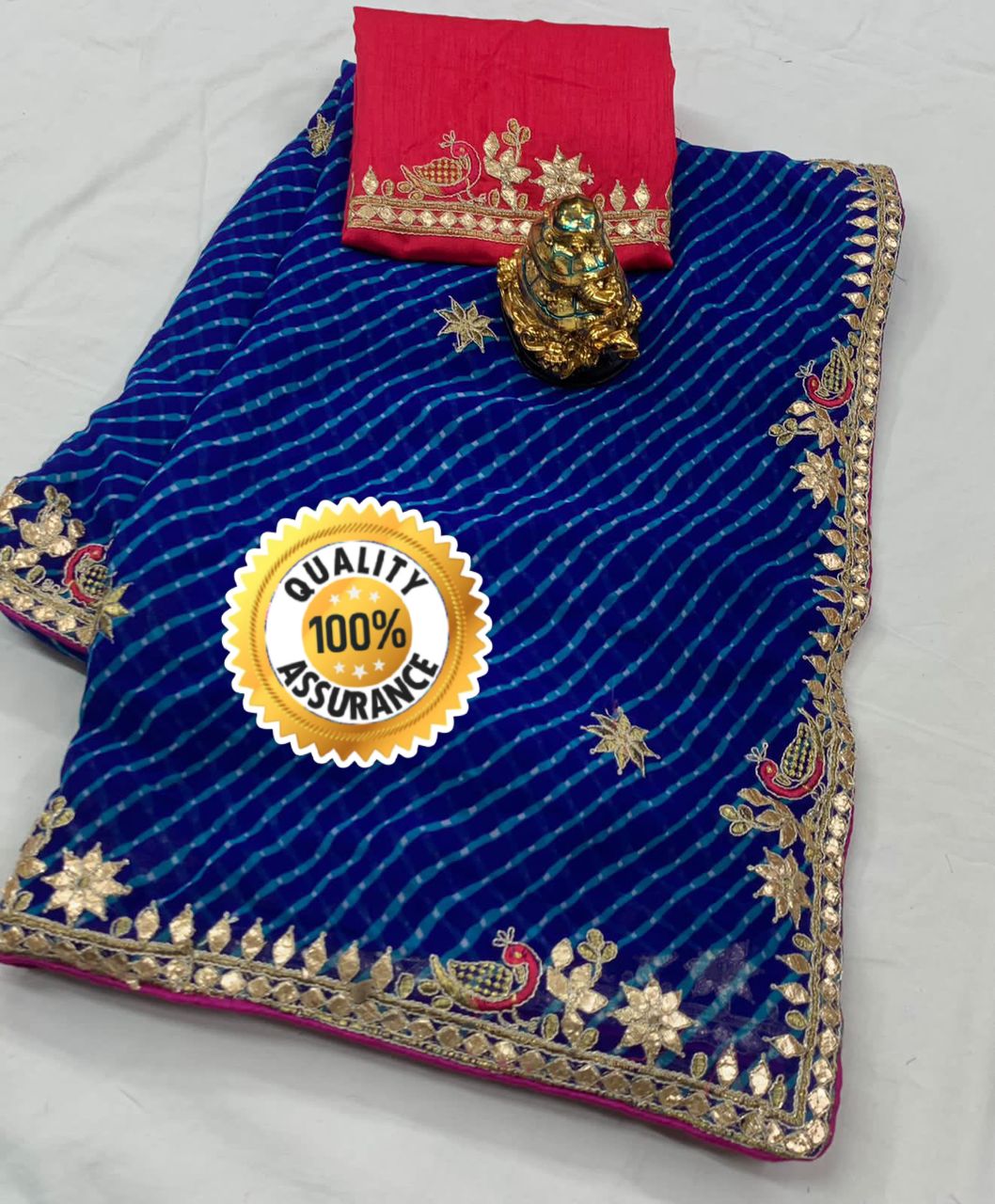 Pure Georgette Beautiful Modthra With Gotapatti Work Peacock Saree Ash Or Blue
