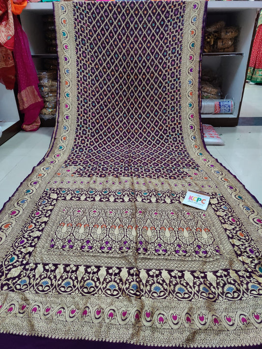 Pure Meenakari Khadi Georgette Upada Janglaw Bandhni Saree Kcpc Nr