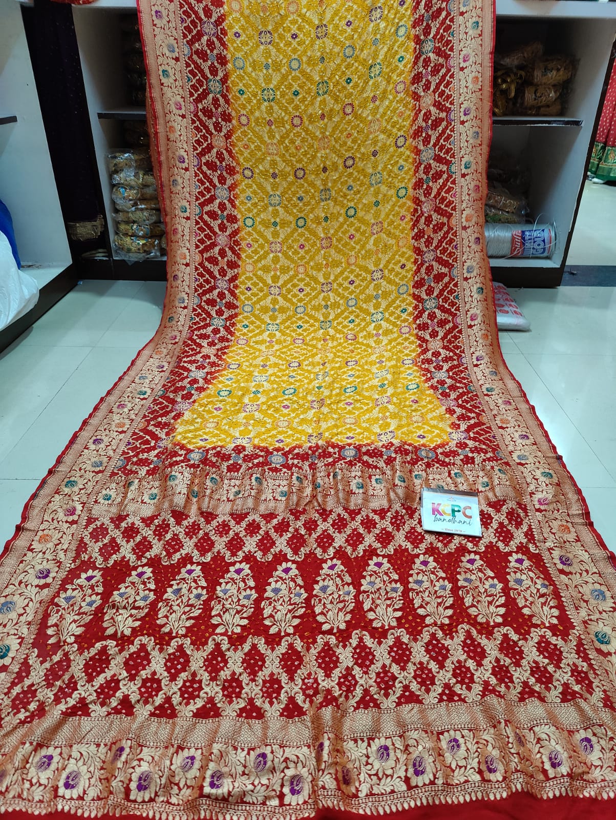 Pure Meenakari Khadi Georgette Upada Janglaw Bandhni Saree Kcpc Nr Yellow Red