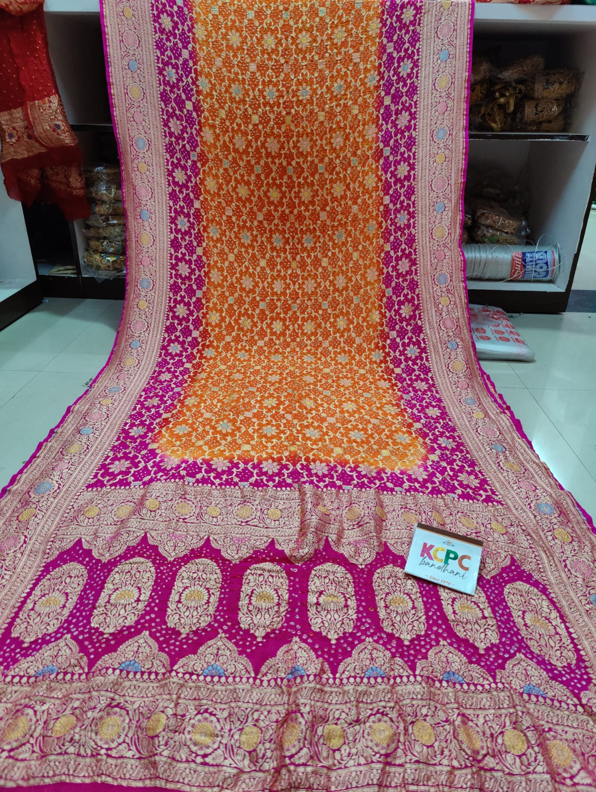 Pure Meenakari Khadi Georgette Upada Janglaw Bandhni Saree Kcpc Nr Orange Pink