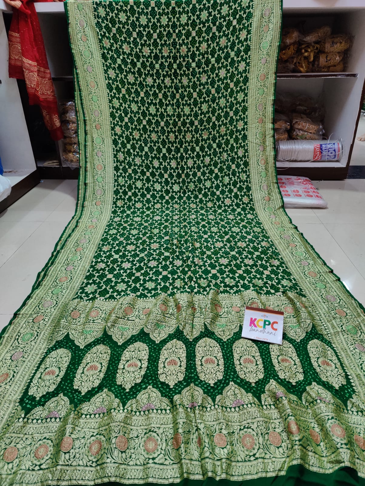 Pure Meenakari Khadi Georgette Upada Janglaw Bandhni Saree Kcpc Nr Bottle Green