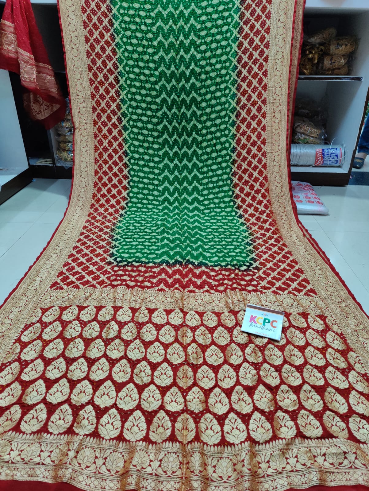 Pure Khaddi Georgette Upada Janglaw Bandhni Neemzari Saree Kcpc Nr Green Red