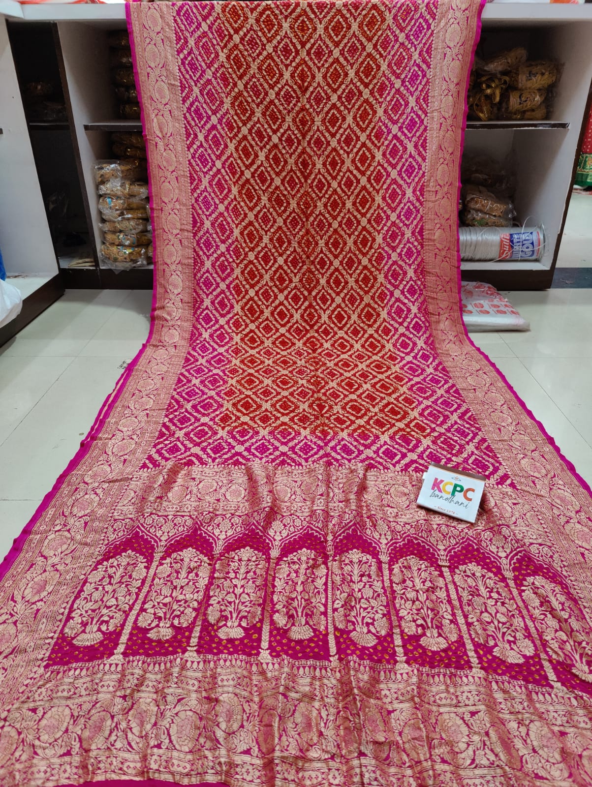 Pure Khaddi Georgette Upada Janglaw Bandhni Neemzari Saree Kcpc Nr Red Pink