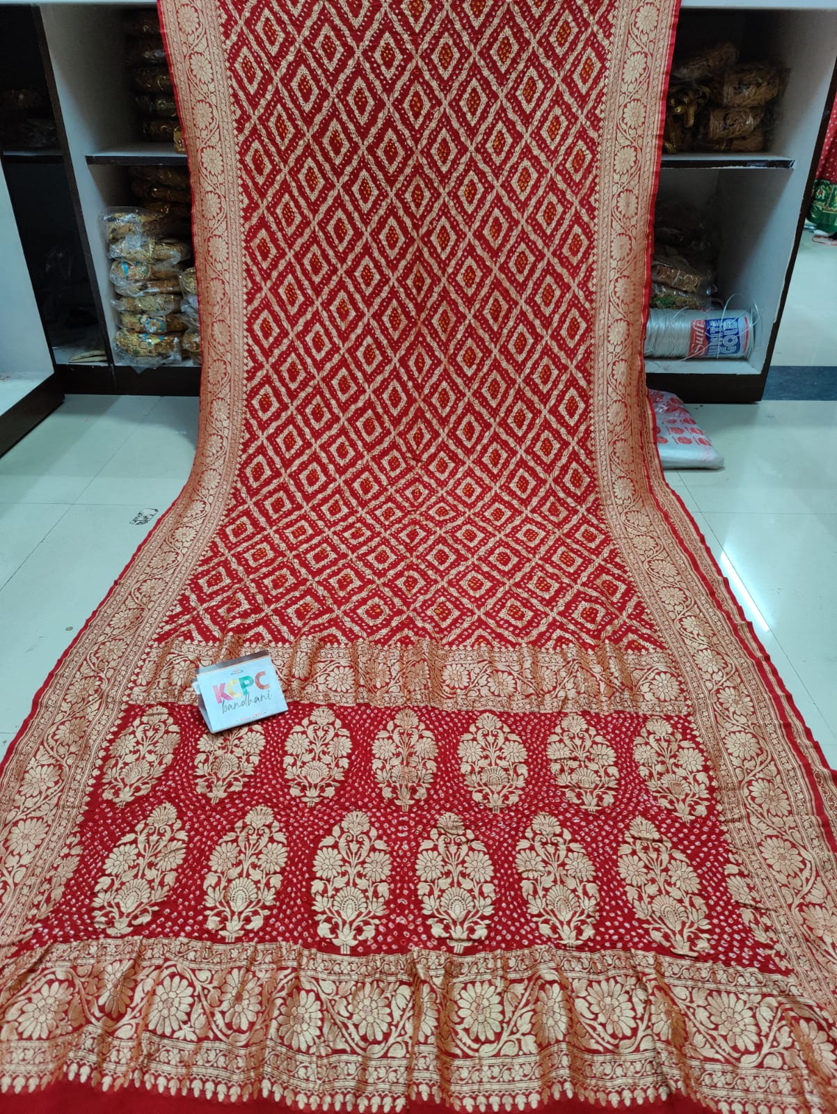 Pure Khaddi Georgette Upada Janglaw Bandhni Neemzari Saree Kcpc Nr