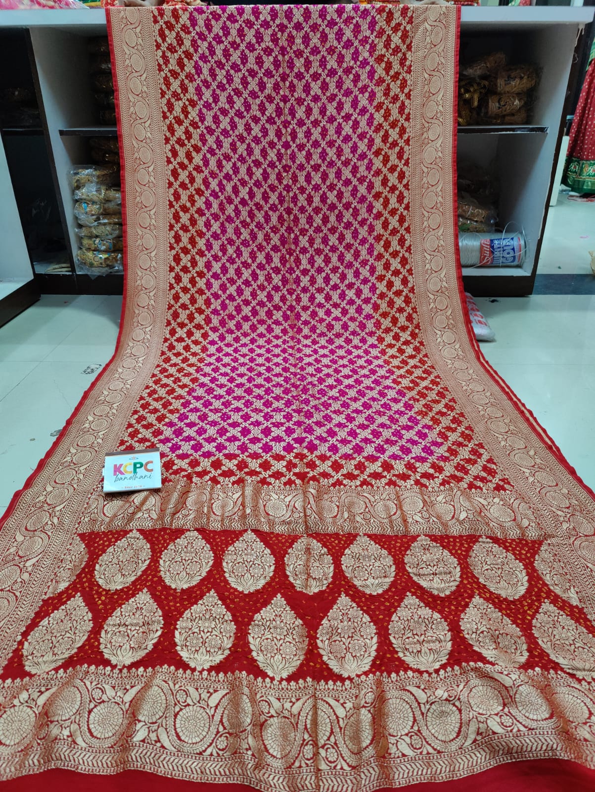 Pure Khaddi Georgette Upada Janglaw Bandhni Neemzari Saree Kcpc Nr