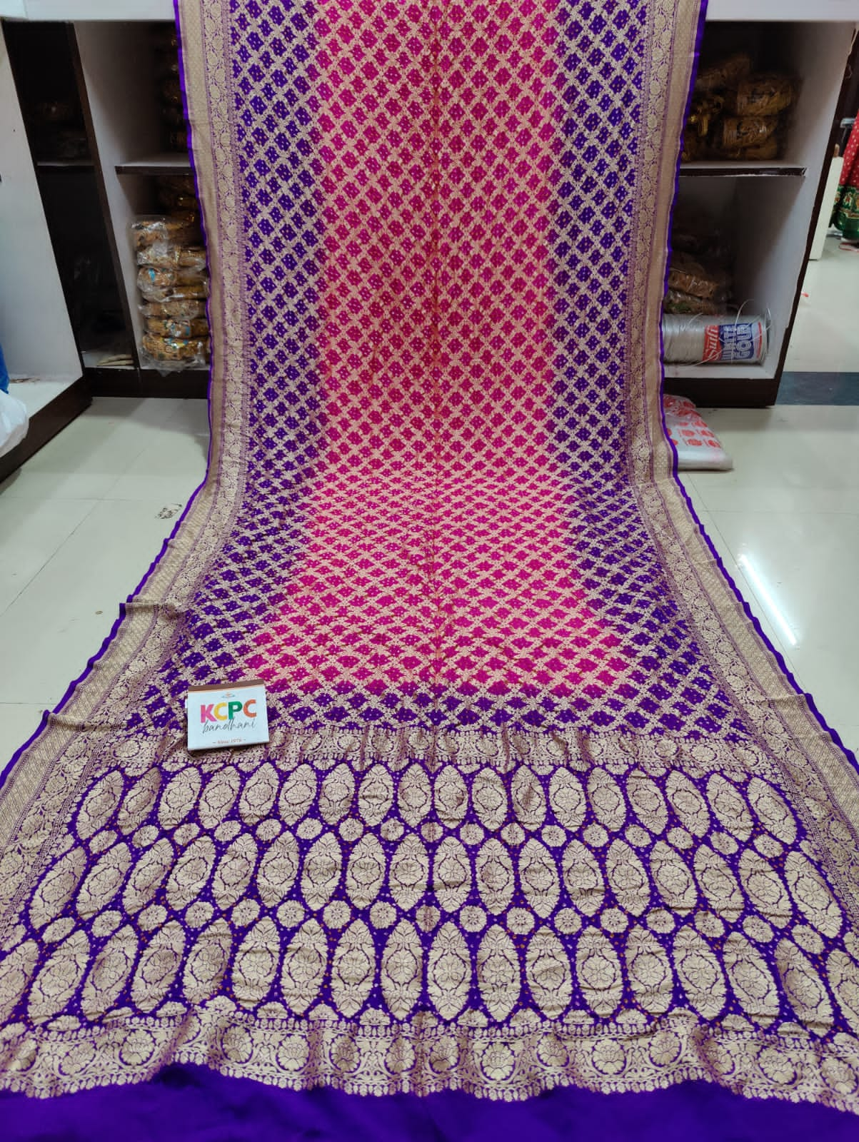 Pure Khaddi Georgette Upada Janglaw Bandhni Neemzari Saree Kcpc Nr Pink Purple