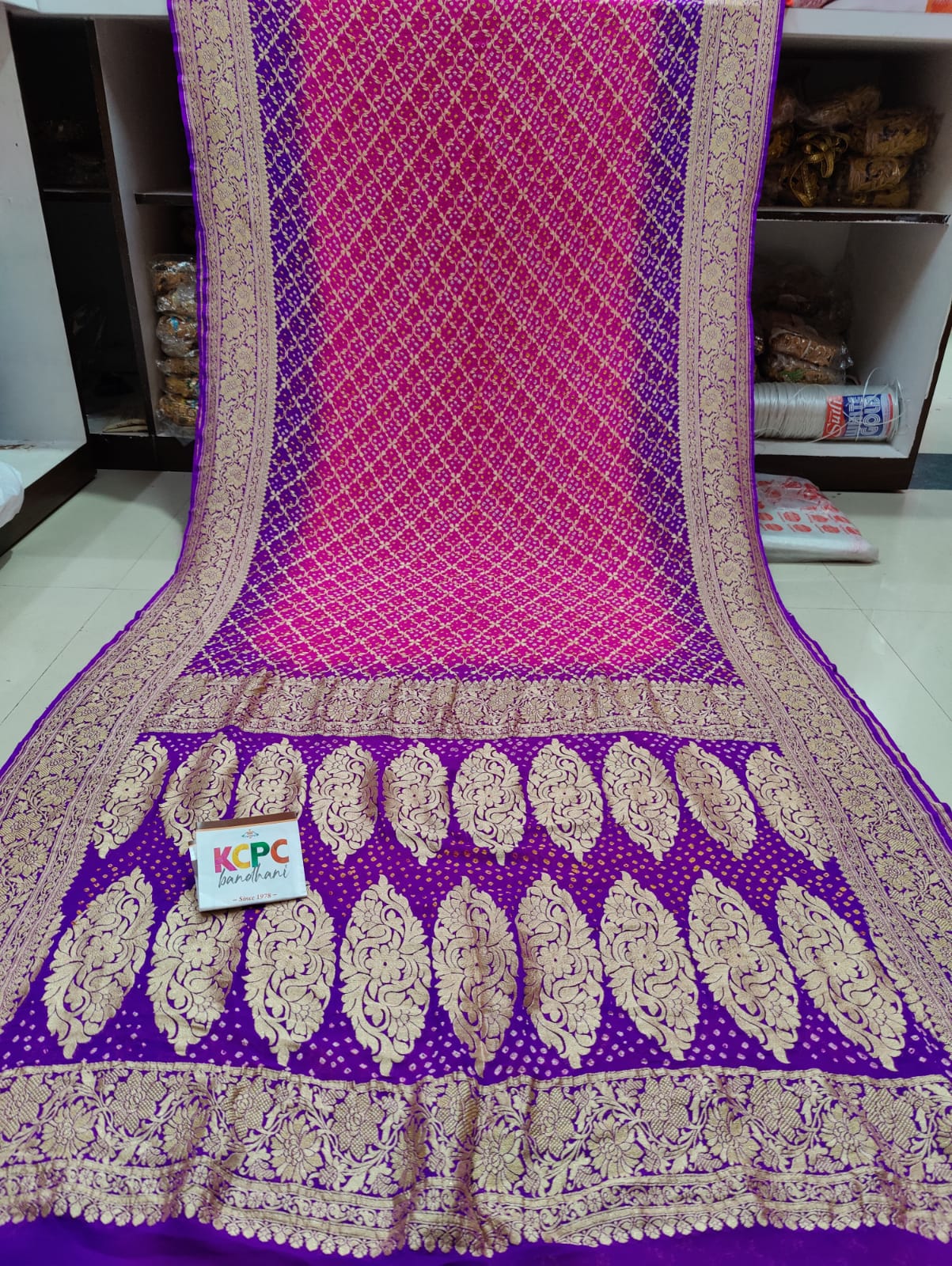 Pure Khaddi Georgette Upada Janglaw Bandhni Neemzari Saree Kcpc Nr Pink Blue