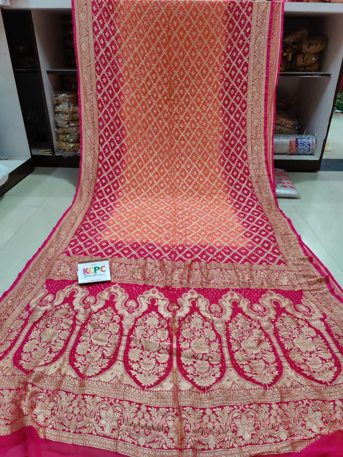 Pure Khaddi Georgette Upada Janglaw Bandhni Neemzari Saree Kcpc Nr