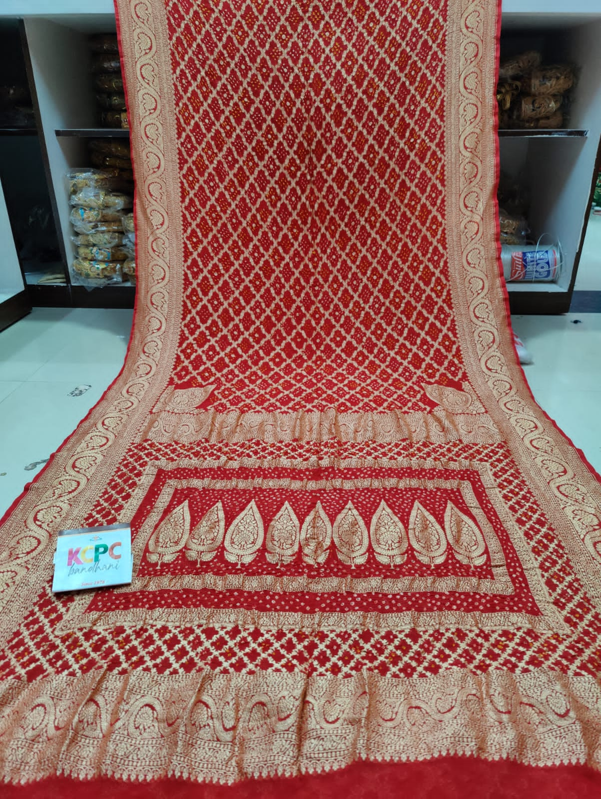 Pure Khaddi Georgette Upada Janglaw Bandhni Neemzari Saree Kcpc Nr Red