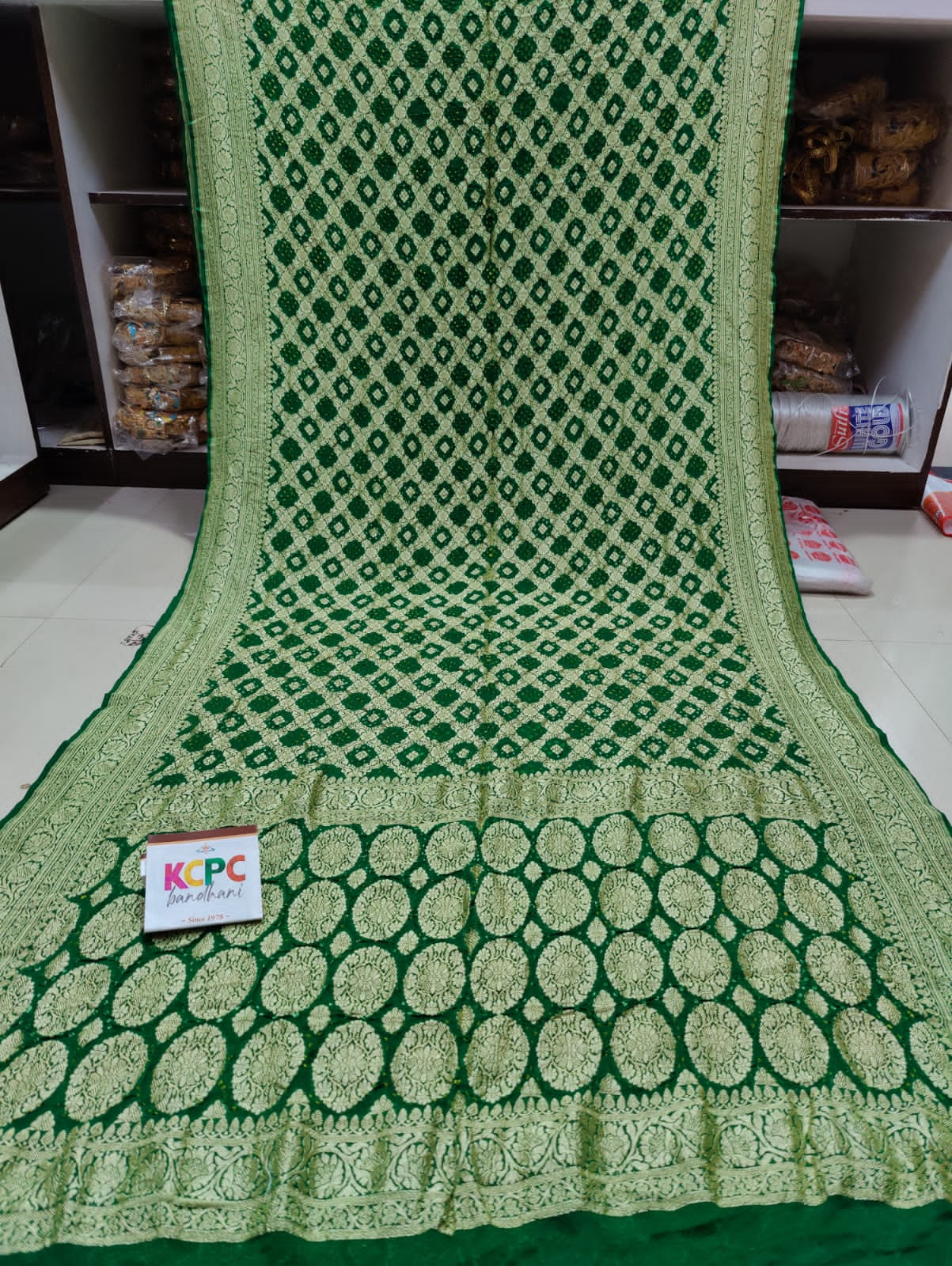 Pure Khaddi Georgette Upada Janglaw Bandhni Neemzari Saree Kcpc Nr Green