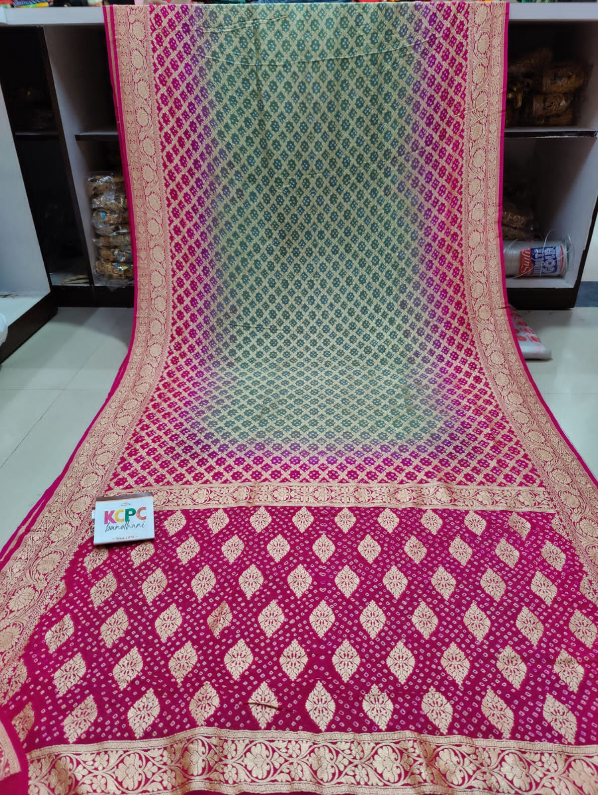 Pure Khaddi Georgette Upada Janglaw Bandhni Neemzari Saree Kcpc Nr