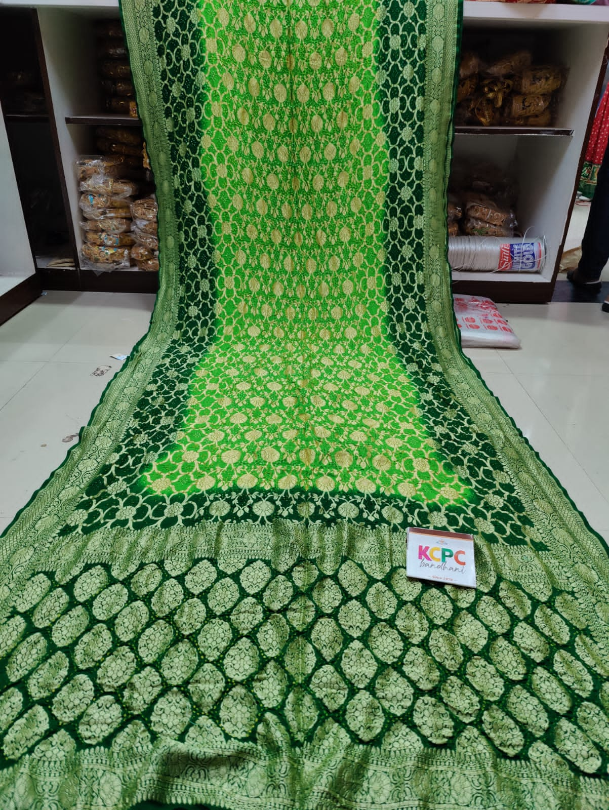 Pure Khaddi Georgette Upada Janglaw Bandhni Neemzari Saree Kcpc Nr Parrot Green