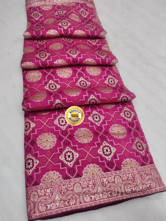 Beautiful Banarasi Cotton Silk With Zari Meena Weaving Butti Border Saree Ash Or Pink