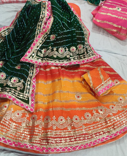 Pure Kota Silk Beautiful Rajasthani Lehriya Print With Gotapatti Work Lehenga Kml Or Green Orange