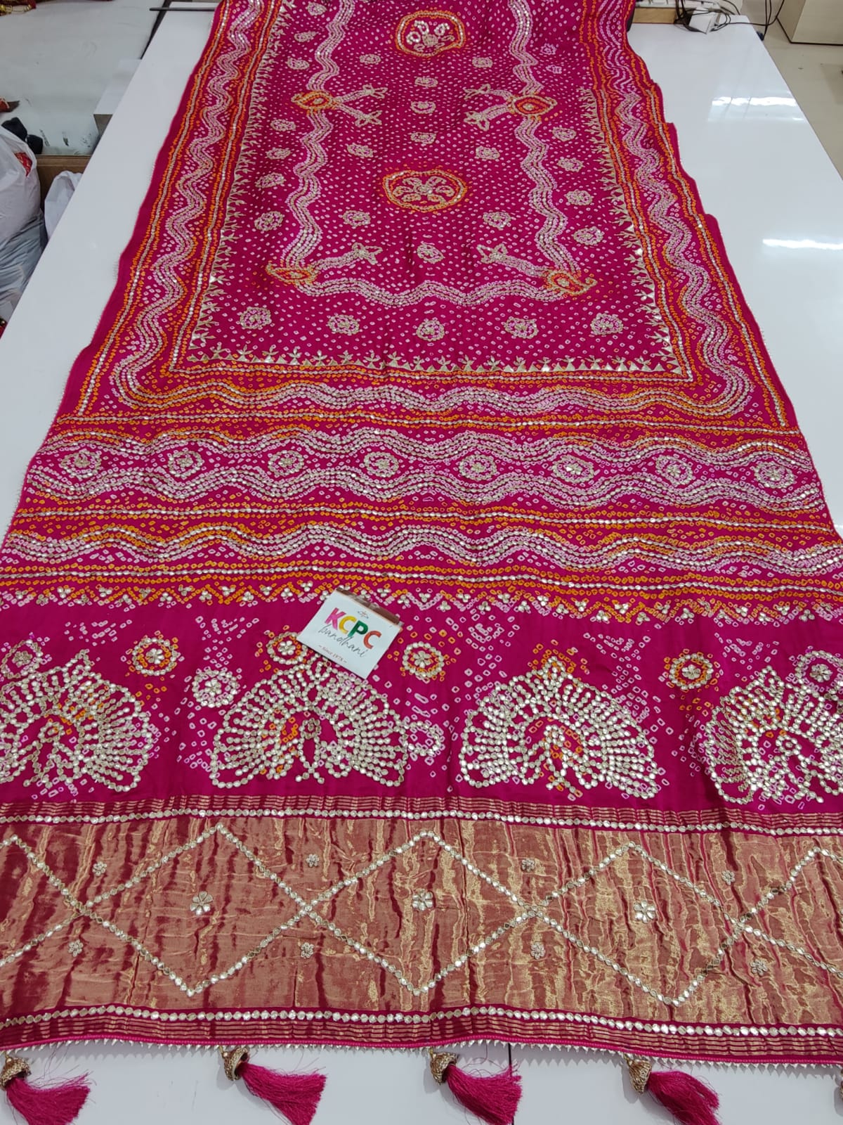 Pure Gaji Silk Bandhej With Beautiful Aara Tari Gotaptti Work Saree Kcpc Nr Pink