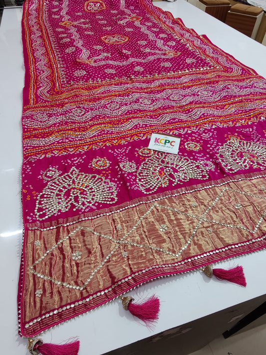 Pure Gaji Silk Bandhej With Beautiful Aara Tari Gotaptti Work Saree Kcpc Nr