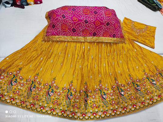Pure Chinon Crush With Bandhej Silk Heavy Work Embroidery Lehnga Rj Nr Mustard Lehenga