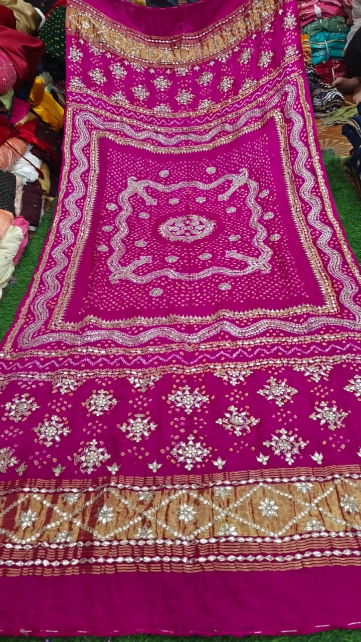 Pure Gaji Silk Hand Bandej With Lagdi Patta Gotaptti Work Dupatta Kcpc Nr Pink