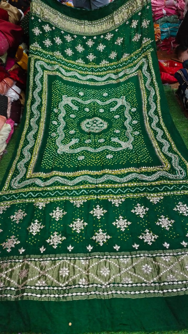 Pure Gaji Silk Hand Bandej With Lagdi Patta Gotaptti Work Dupatta Kcpc Nr Bottle Green