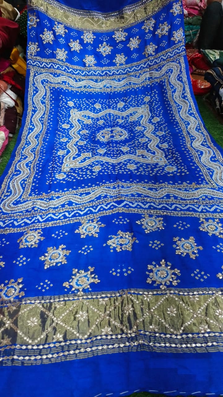 Pure Gaji Silk Hand Bandej With Lagdi Patta Gotaptti Work Dupatta Kcpc Nr Royal Blue