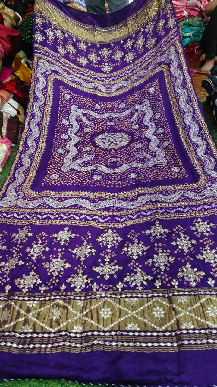 Pure Gaji Silk Hand Bandej With Lagdi Patta Gotaptti Work Dupatta Kcpc Nr Purple