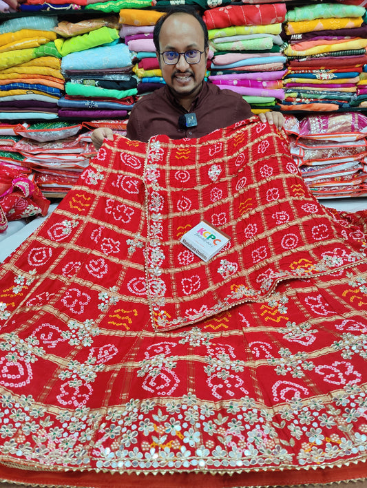 Pure Gaji Silk Bandhani Ghatchola Gotapatti Work Lehenga Chunni Set Kcpc Nr Red