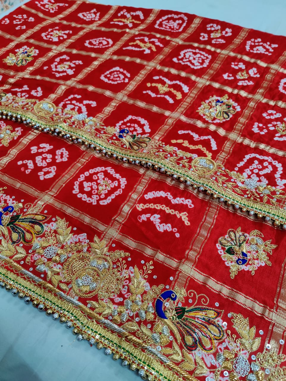 Pure Gaji Silk Bandhani Jardozi Work Ghatchola Chunri Pila Odhna in Aara Tari Handwork