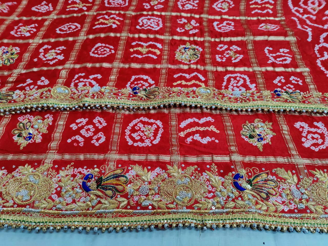 Pure Gaji Silk Bandhani Jardozi Work Ghatchola Chunri Pila Odhna in Aara Tari Handwork