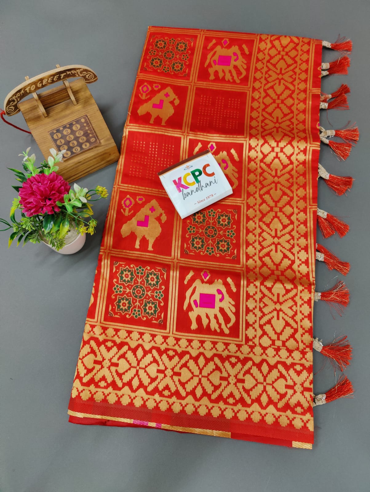 New Ajrakh Patola Style Kcpc Banarasi Jackard Silk Saree With Blouse Kcp Red