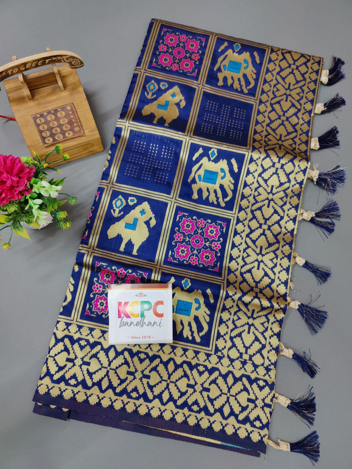 New Ajrakh Patola Style Kcpc Banarasi Jackard Silk Saree With Blouse Kcp Navy