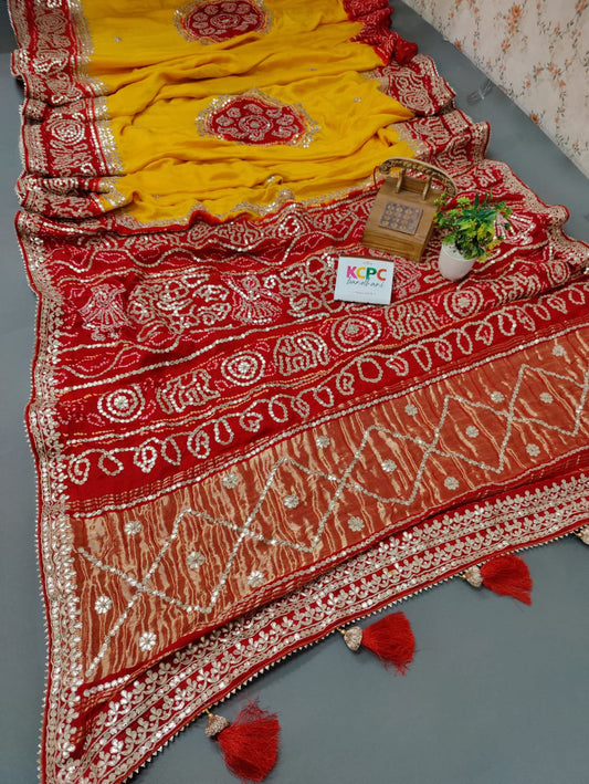 Pure Gaji Silk Handmade Bandhej Piliya Style Gotapatti Work Jaipuri Saree Ami Red Yellow