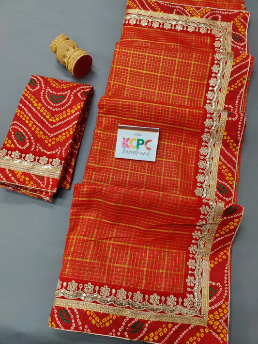 Tissue Cotton Kota Doria Ghatchola Checks Bandhani Pooja Special Saree Red
