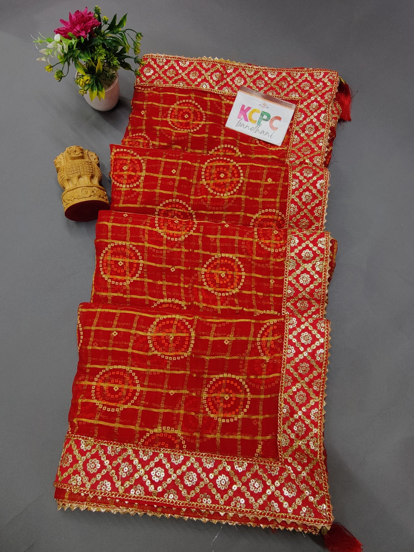 Pure Georgette Bandhani Ghatchola Kcpc Gotapatti Border Saree Red