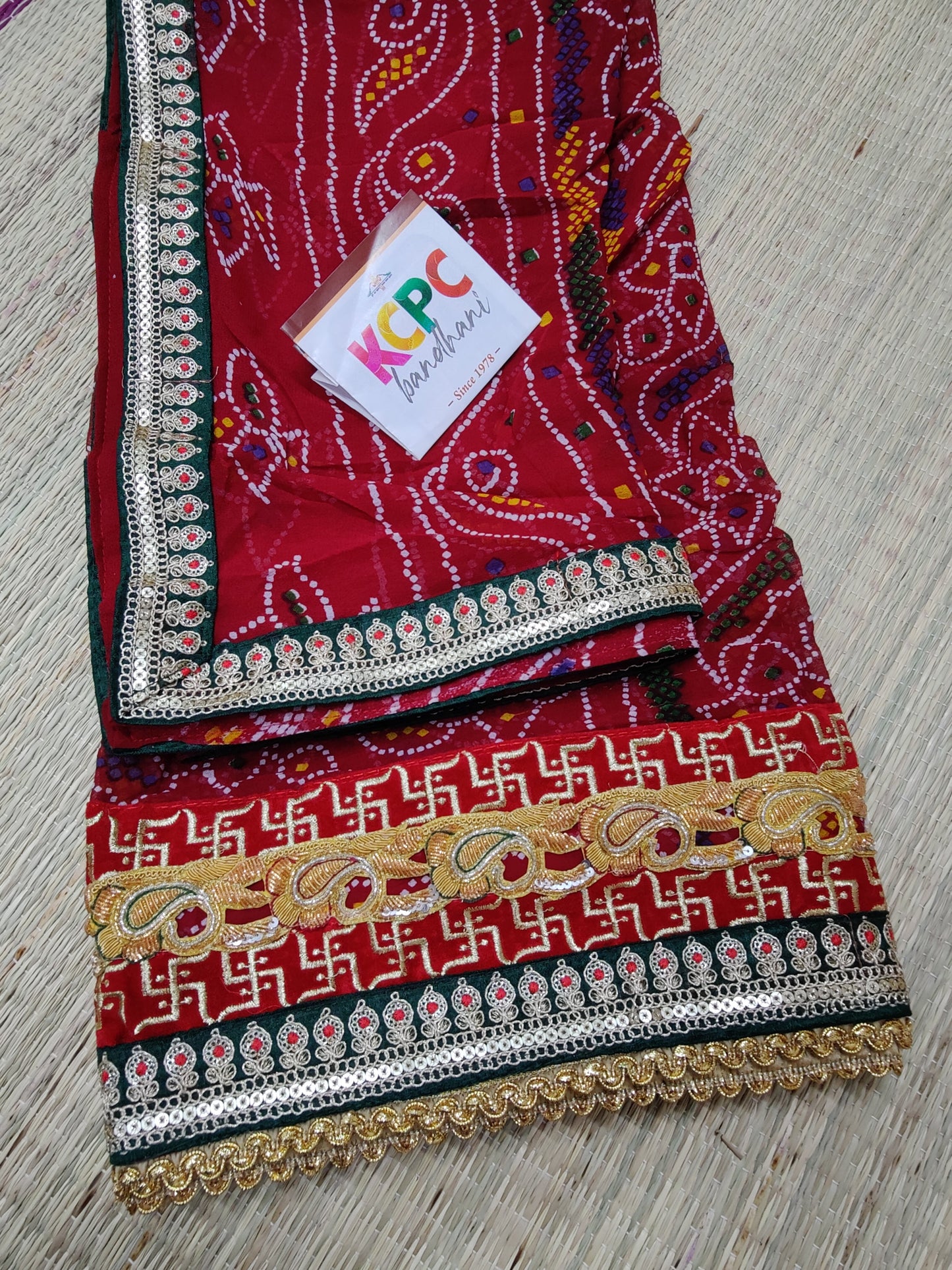 Rajasthani Pure Georgette Marwadi Chunri Jardozi Work Belbuti Odhna Dupatta For Pooja Traditional