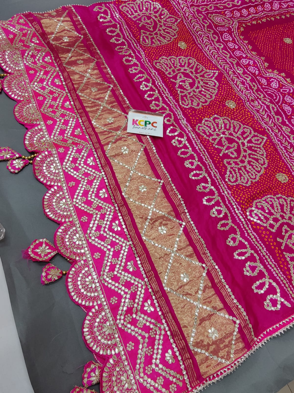 Pure Gaji Silk Bandhani Raidana Dupatta with Gotapatti Work