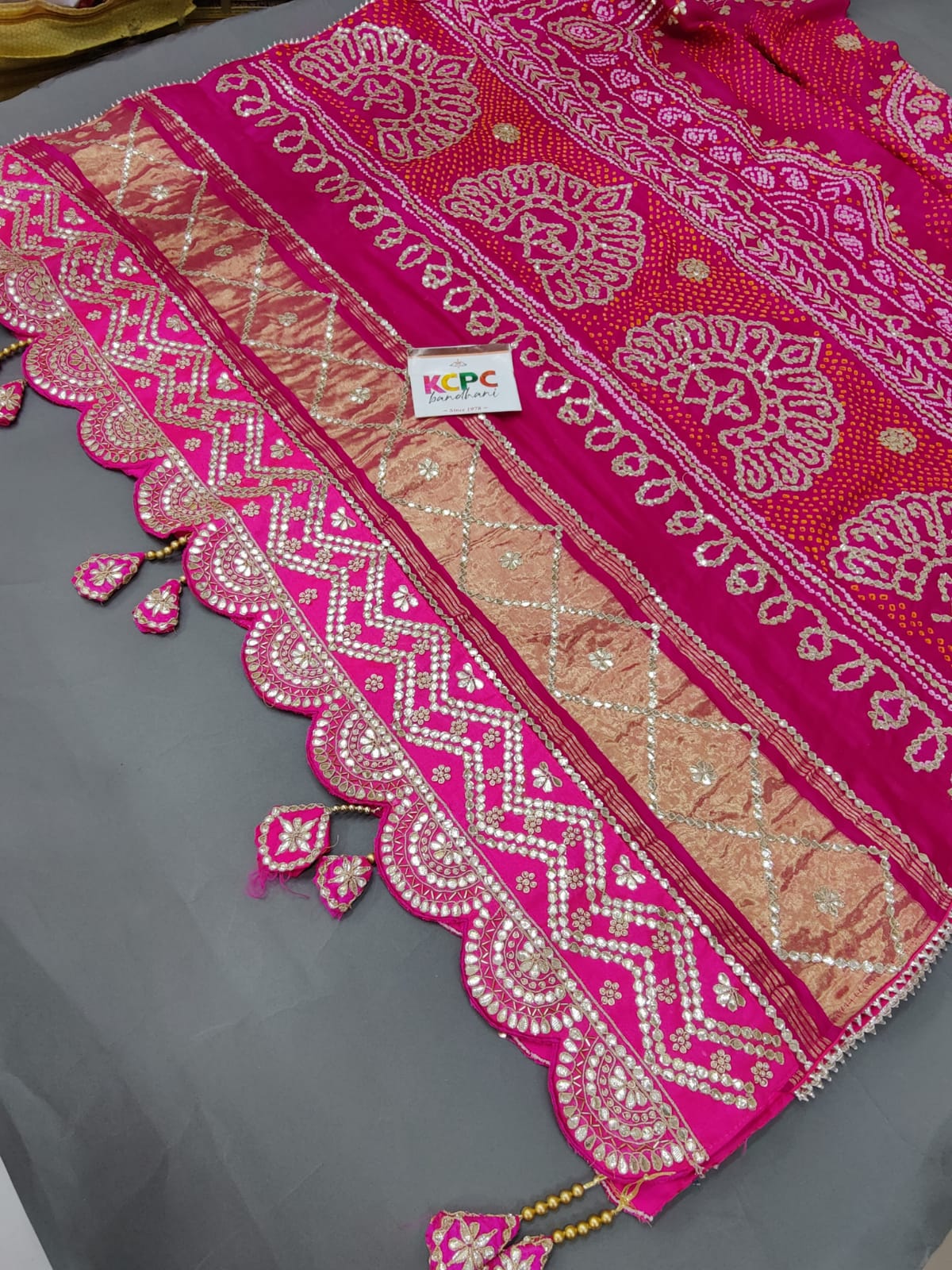 Pure Gaji Silk Bandhani Raidana Dupatta with Gotapatti Work