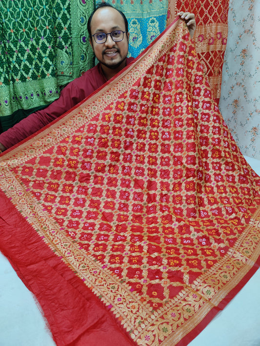 New Dupion Silk Banarasi Zari Weaving HandBandhej Dupatta