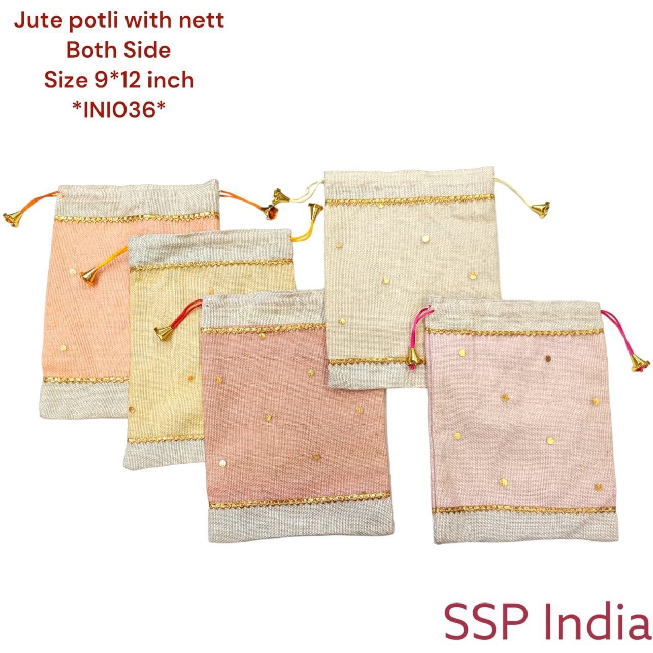 JUTE POTLI WITH POLKA NETTBOTH SIDE (36 pieces),OR, SSP