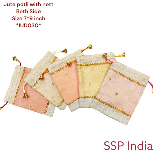 JUTE POTLI WITH POLKA NETTBOTH SIDE (50 pieces), OR, SSP
